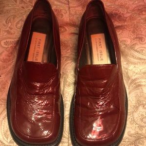 Red patent leather loafers